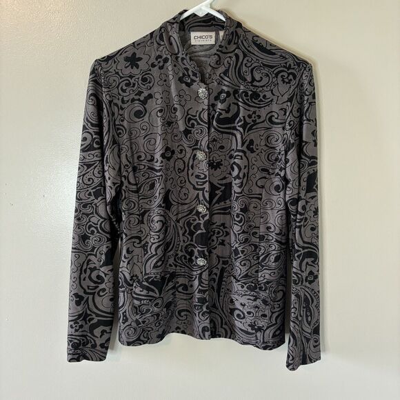 Vintage Chico’s Travelers Button Jacket Brown Paisley Rhinestones Sz 1 M… - Picture 1 of 8